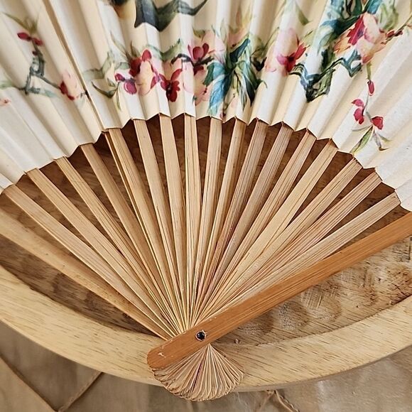 Vintage Paper Chinese and Wood Bird and Floral Fan Romantic Feminine Coquette - Picture 2 of 16
